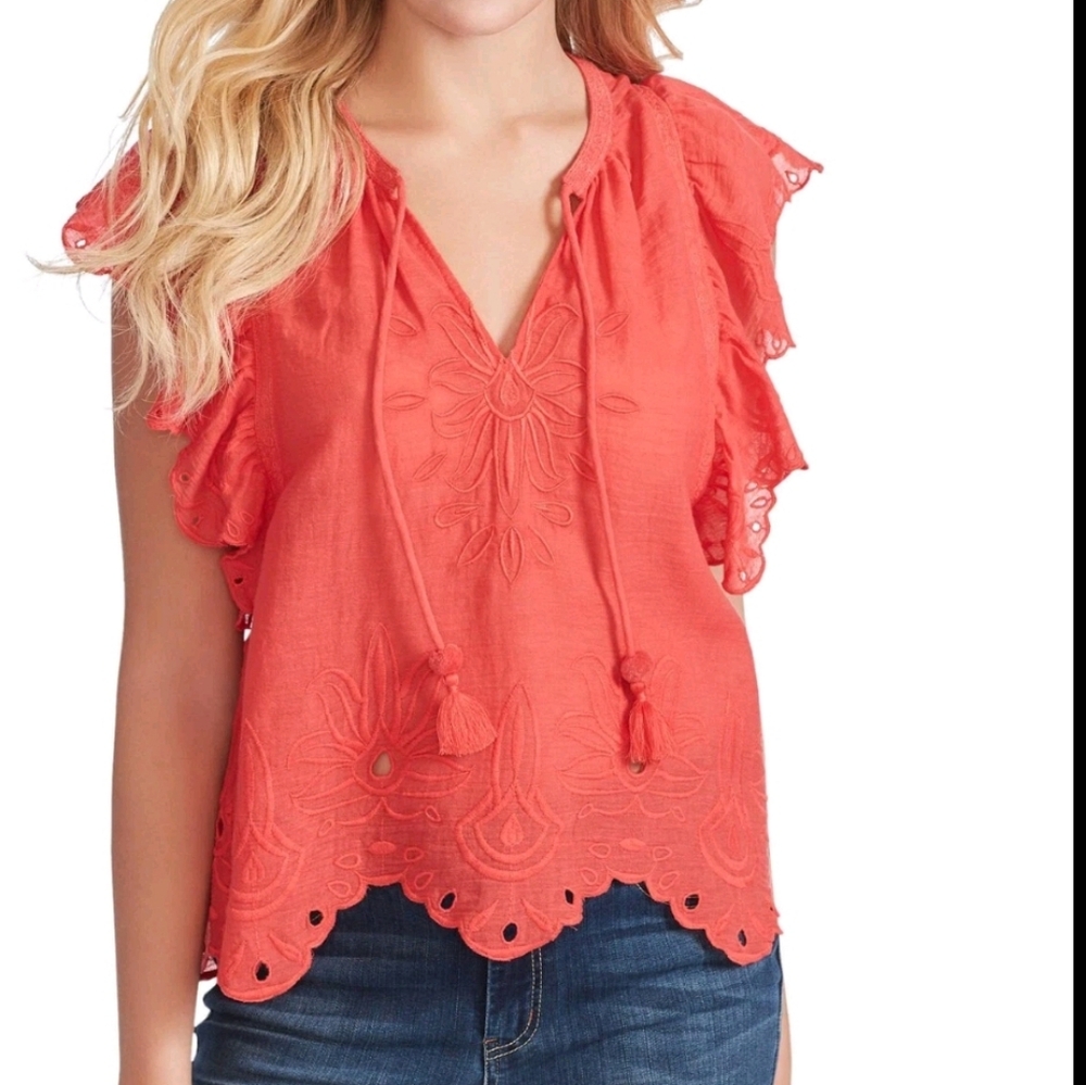 Eyelet Ruffle Sleeve Lace Trim Top Size 1X